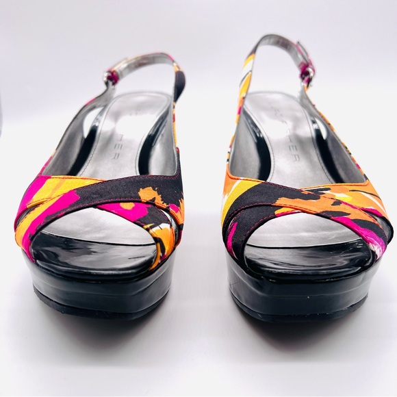 MARC FISHER Platform Peep Toe Wedges Sandals Shoes Multi Color Black Pat… - Picture 6 of 13